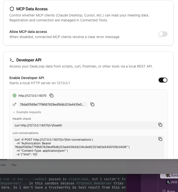 Developer API settings showing localhost endpoint, API key, and example requests