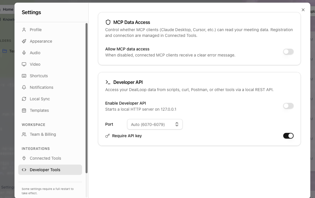 Developer Tools settings — MCP data access and Developer API controls, all in one place
